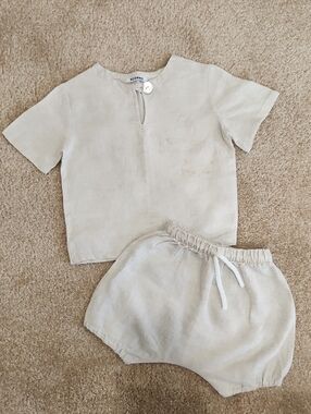 Scoken Neutral Linen Two-Piece Baby Set Size 0/ 6 - 12 Months